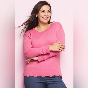 Talbots Cotton Scalloped Hem Crew Neck Soft Cozy Preppy Girly Sweater Pi…